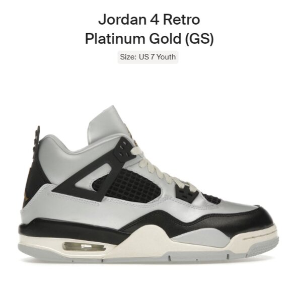 Youth Size 7Y / 8.5W Jordan 4 Retro Platinum Gold (GS) FZ8585-070 Authentic New - Picture 1 of 9
